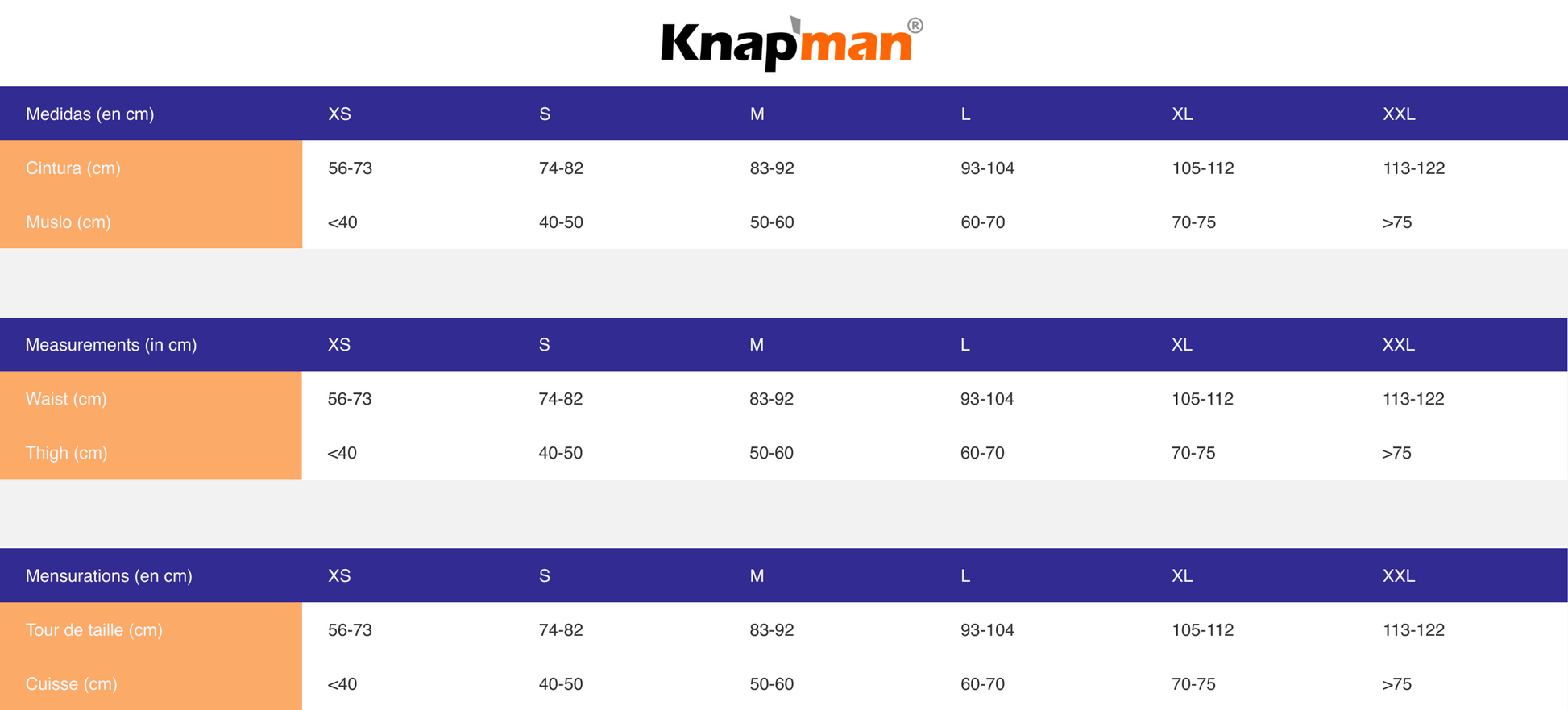 Size charts Knap'man compression